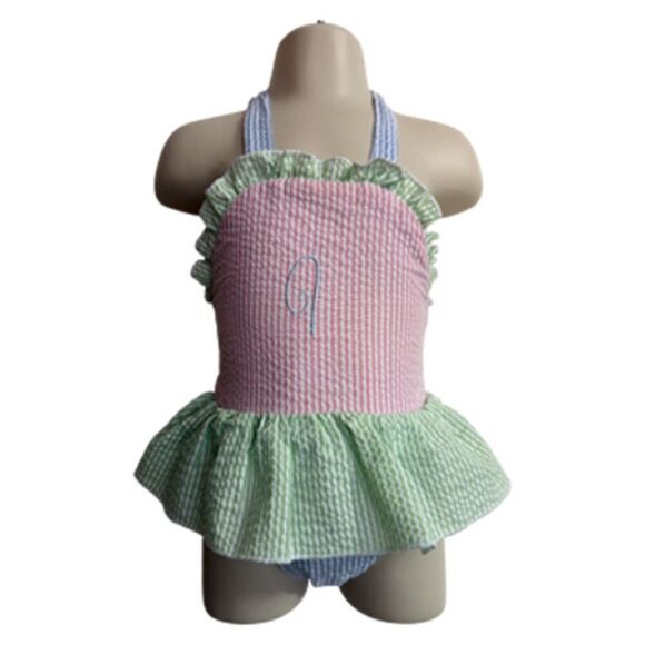 Seersucker Halter Pink, Green, Blue A Monogram Swimsuit Size 6 Months - Picture 3 of 8
